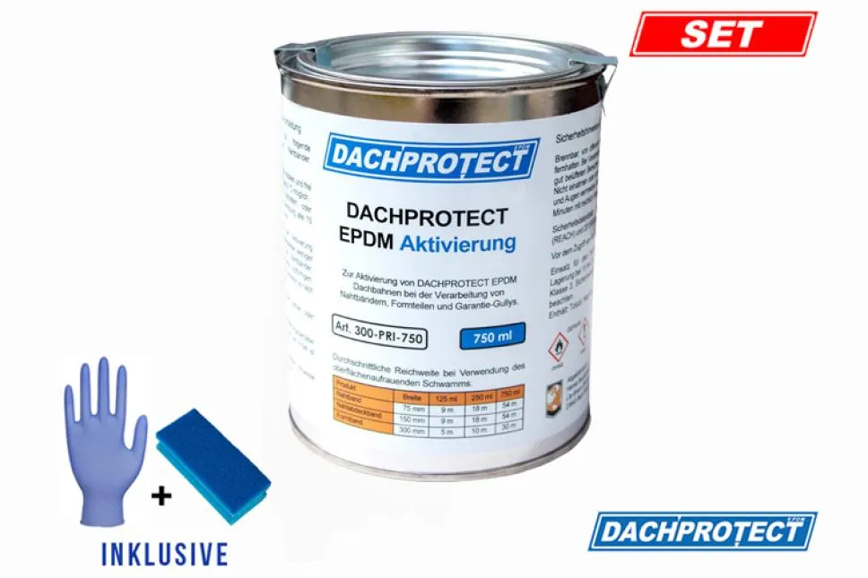 DACHPROTECT EPDM Aktivierung 750 ml inkl. Schwamm & Handschuh für Nahtprodukte (bis 55 m Naht) DACHPROTECT EPDM Aktivierung 750 ml inkl. Schwamm & Handschuh für Nahtprodukte (bis 55 m Naht)