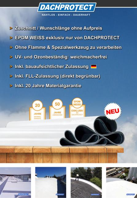 EPDM DACHPROTECT Dachbahn 1,50 mm weiß - mit bauaufsichtlicher Zulassung EPDM DACHPROTECT Dachbahn 1,50 mm weiß - mit bauaufsichtlicher Zulassung